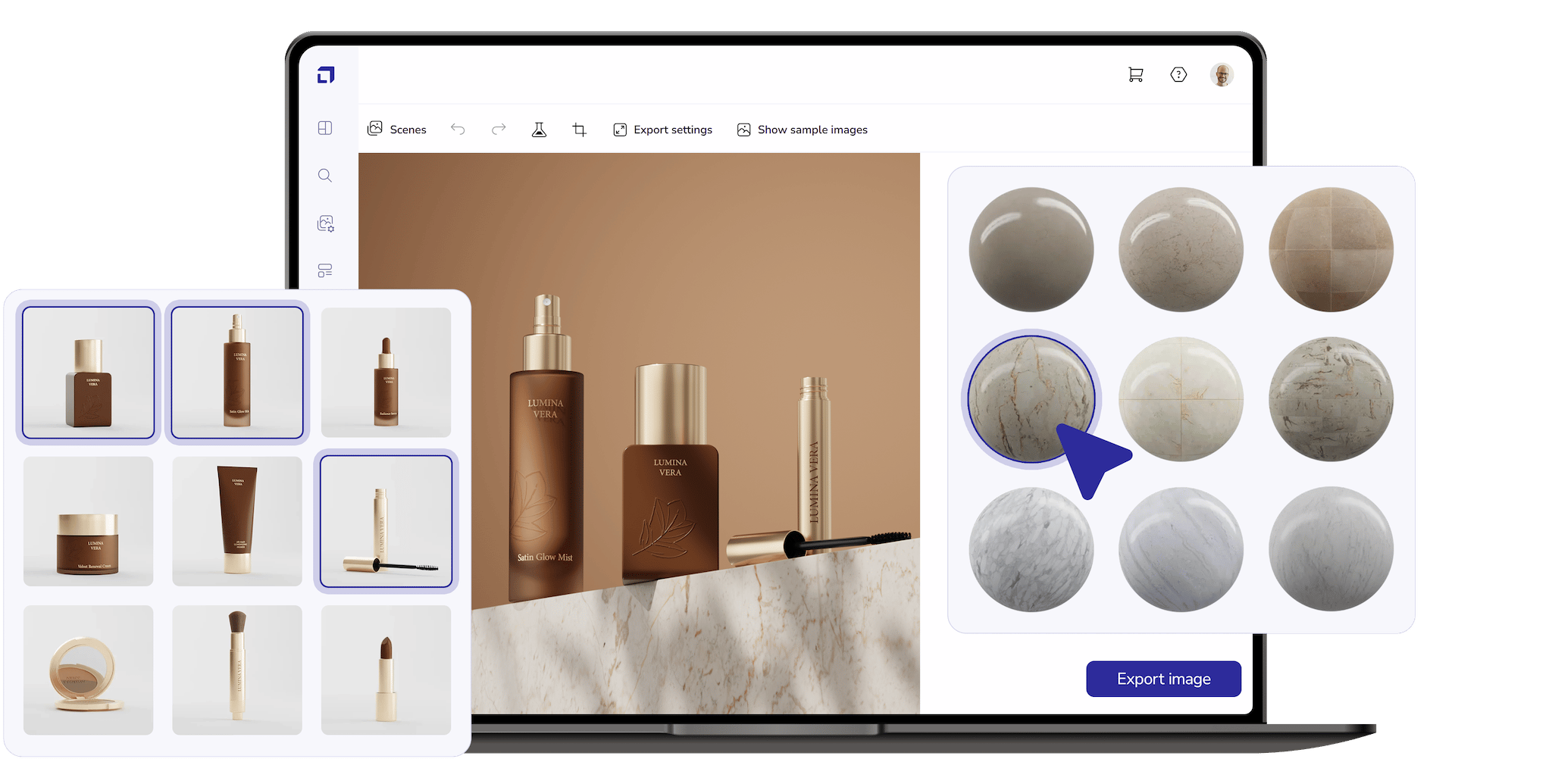 loomobox Content Studio on a laptop: bronze cosmetics scene with product library, material picker and export button
