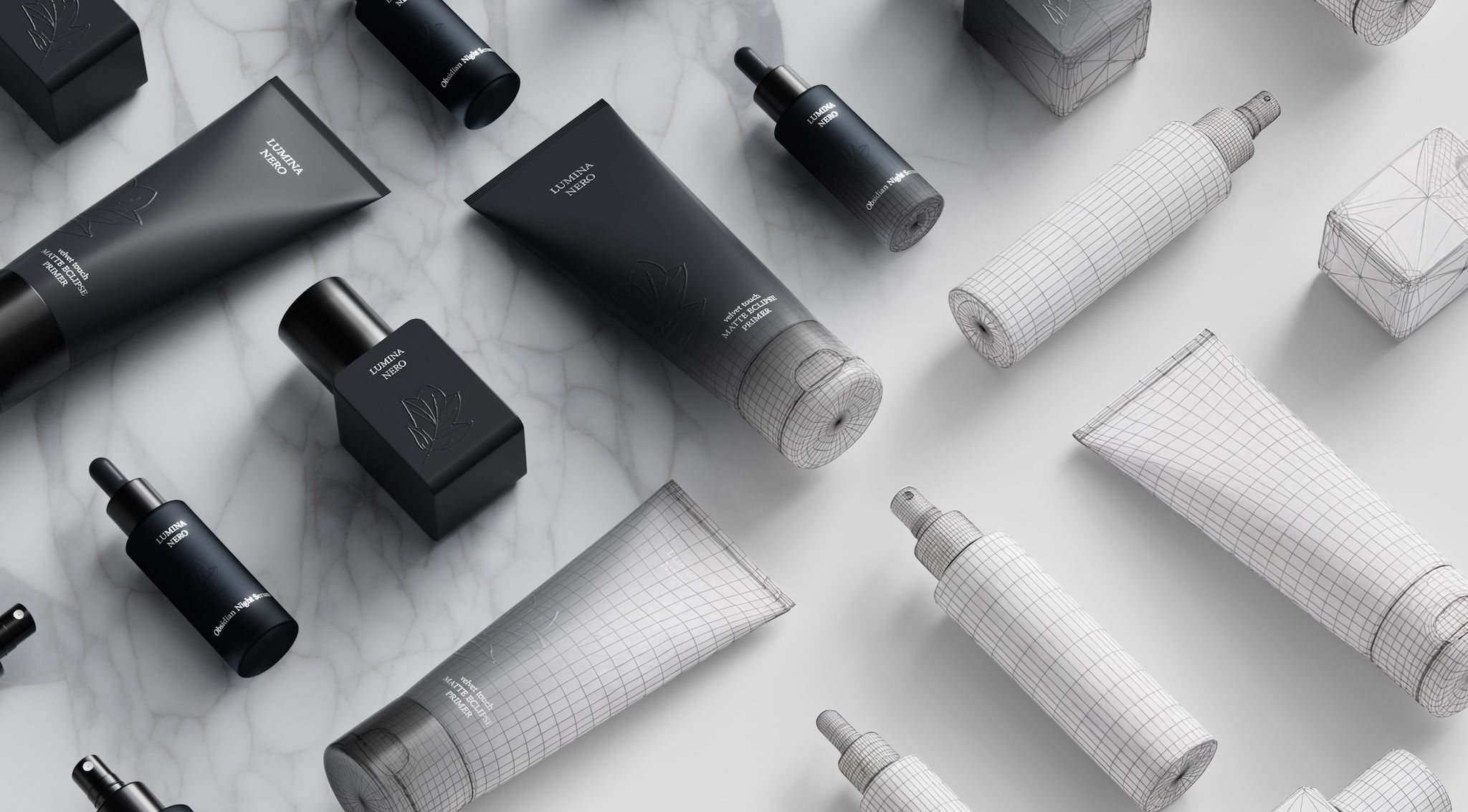 Black cosmetics packaging on marble transitioning from finished 3D render to wireframe, visualizing loomobox digital twins