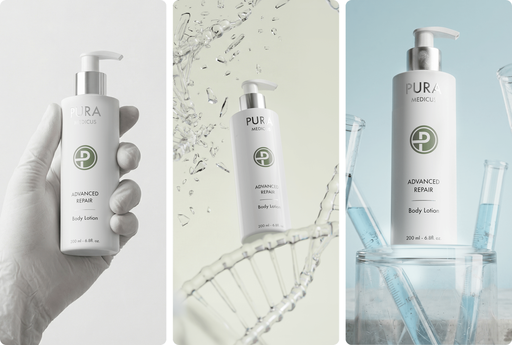 PuraMedicus body lotion in three AI-generated scenes — gloved hand, DNA helix splash and lab glassware — made with loomobox
