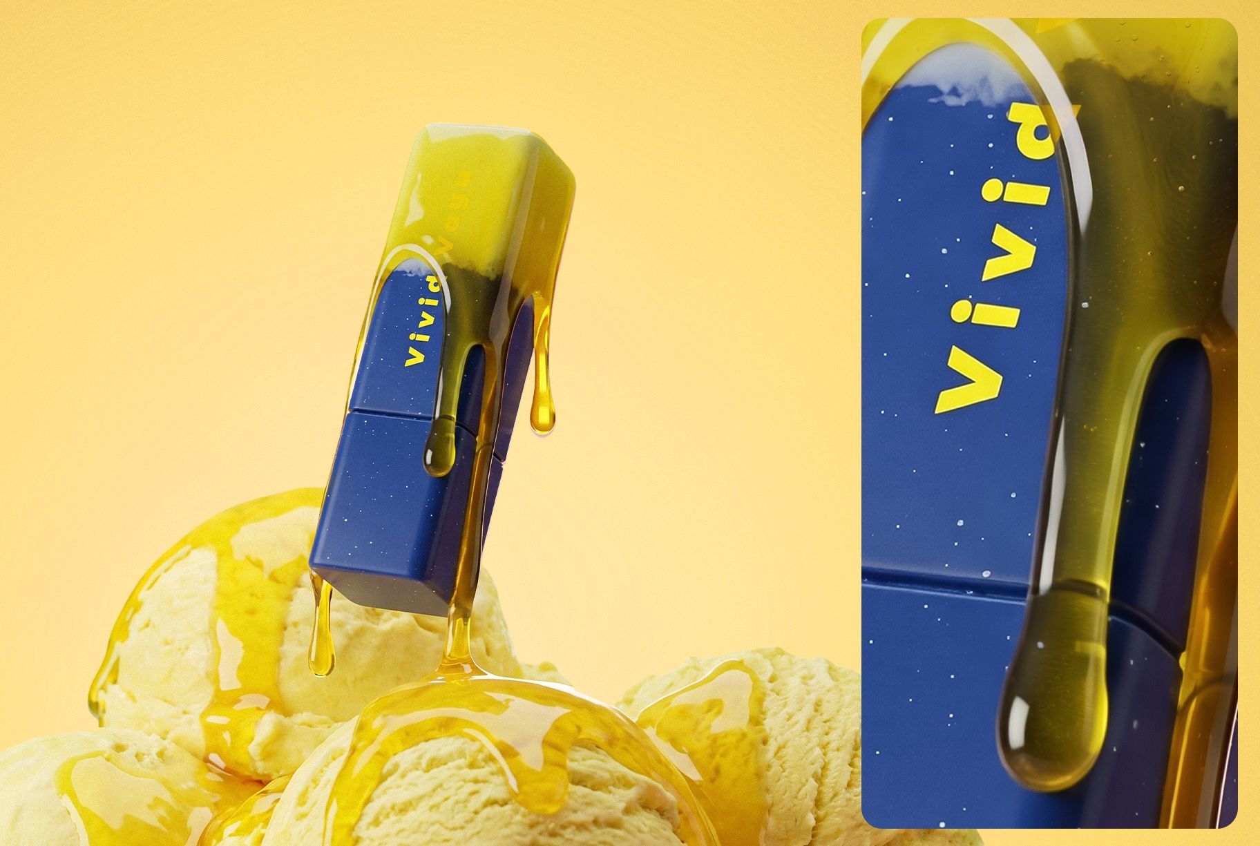 Blue Vivid lip balm stick dripping with yellow glaze over ice cream scoops, with zoomed detail — high-fidelity loomobox render