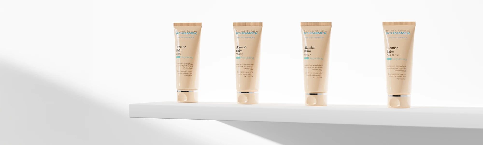 Four Dr. Schrammek Blemish Balm tubes on a white shelf, photorealistic 3D product render by loomobox