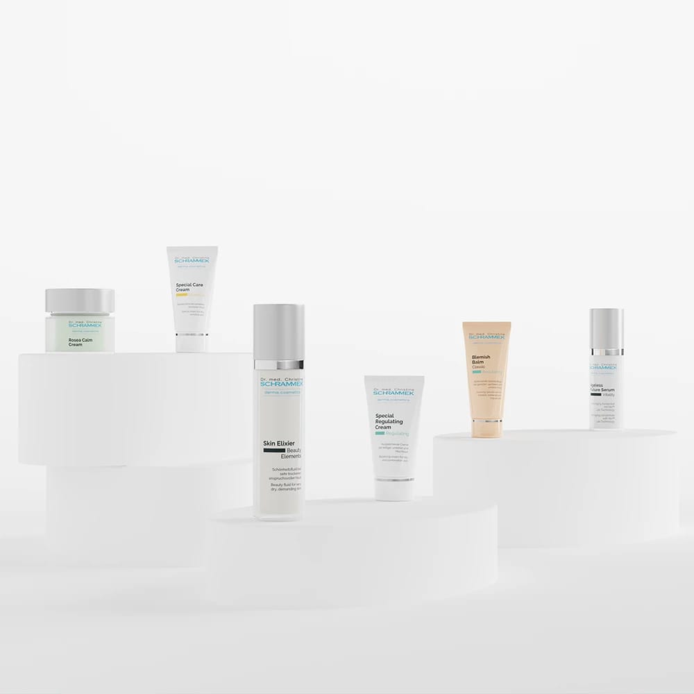 Dr. Schrammek skincare line on white podiums, photorealistic product visuals rendered with loomobox