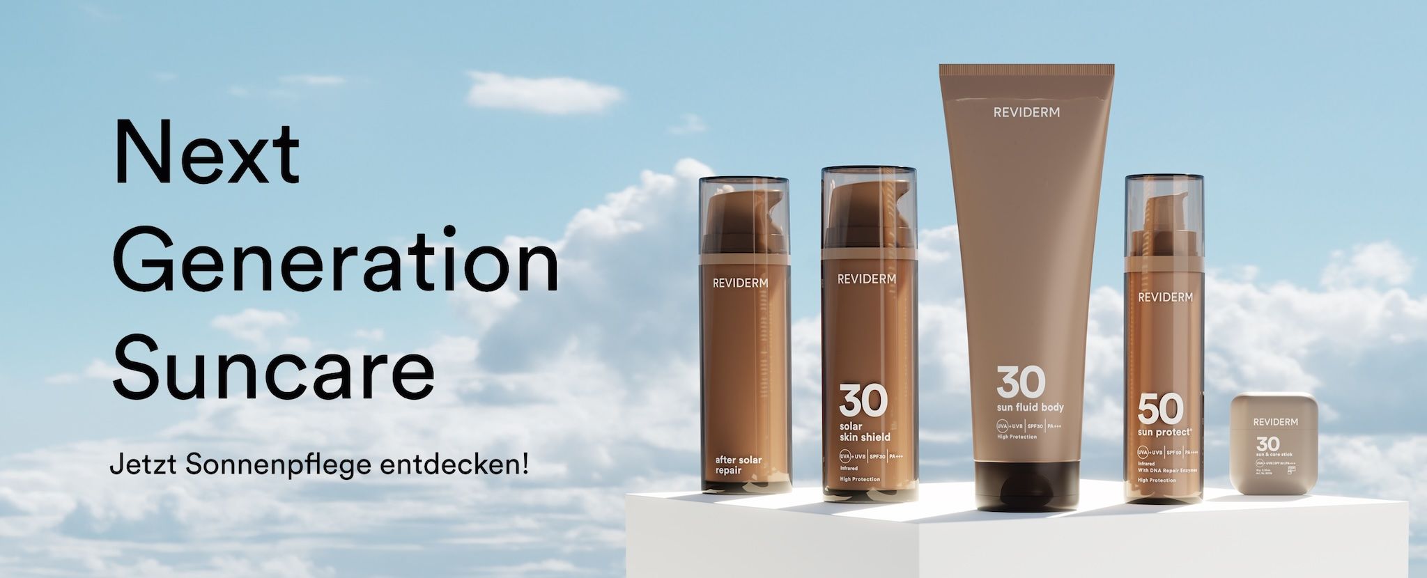 REVIDERM Next Generation Suncare line with sun fluid body 30, after solar repair, solar skin shield 30 and sun protect 50 on a white pedestal against a blue cloudy sky, rendered with loomobox