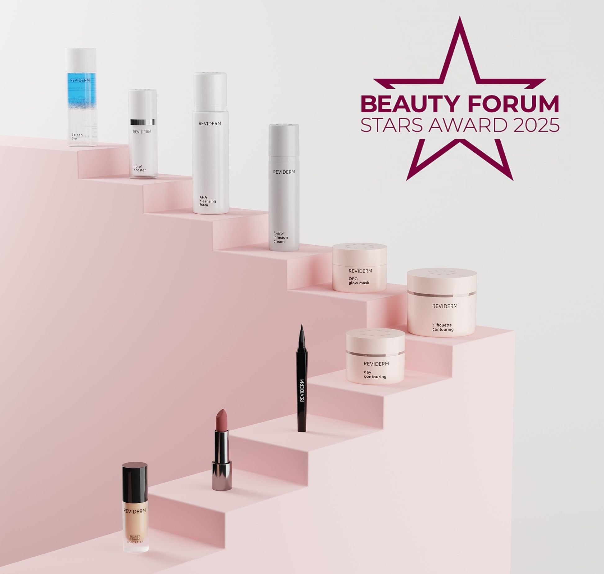 REVIDERM skincare and make-up products on pink staircase steps beside the Beauty Forum Stars Award 2025 star, rendered with loomobox