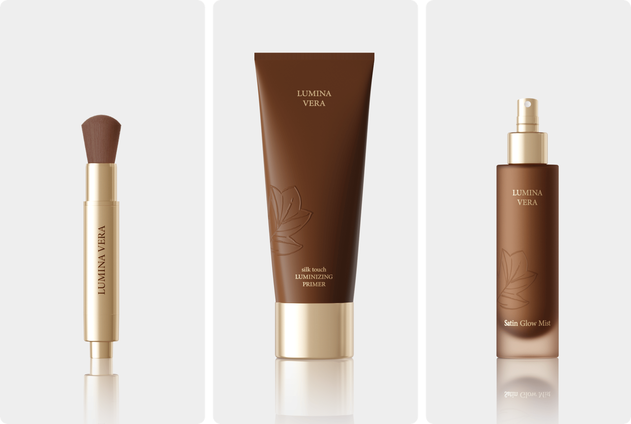 Luxury makeup trio of retractable brush, luminizing primer and glow mist, 3D product renders by loomobox