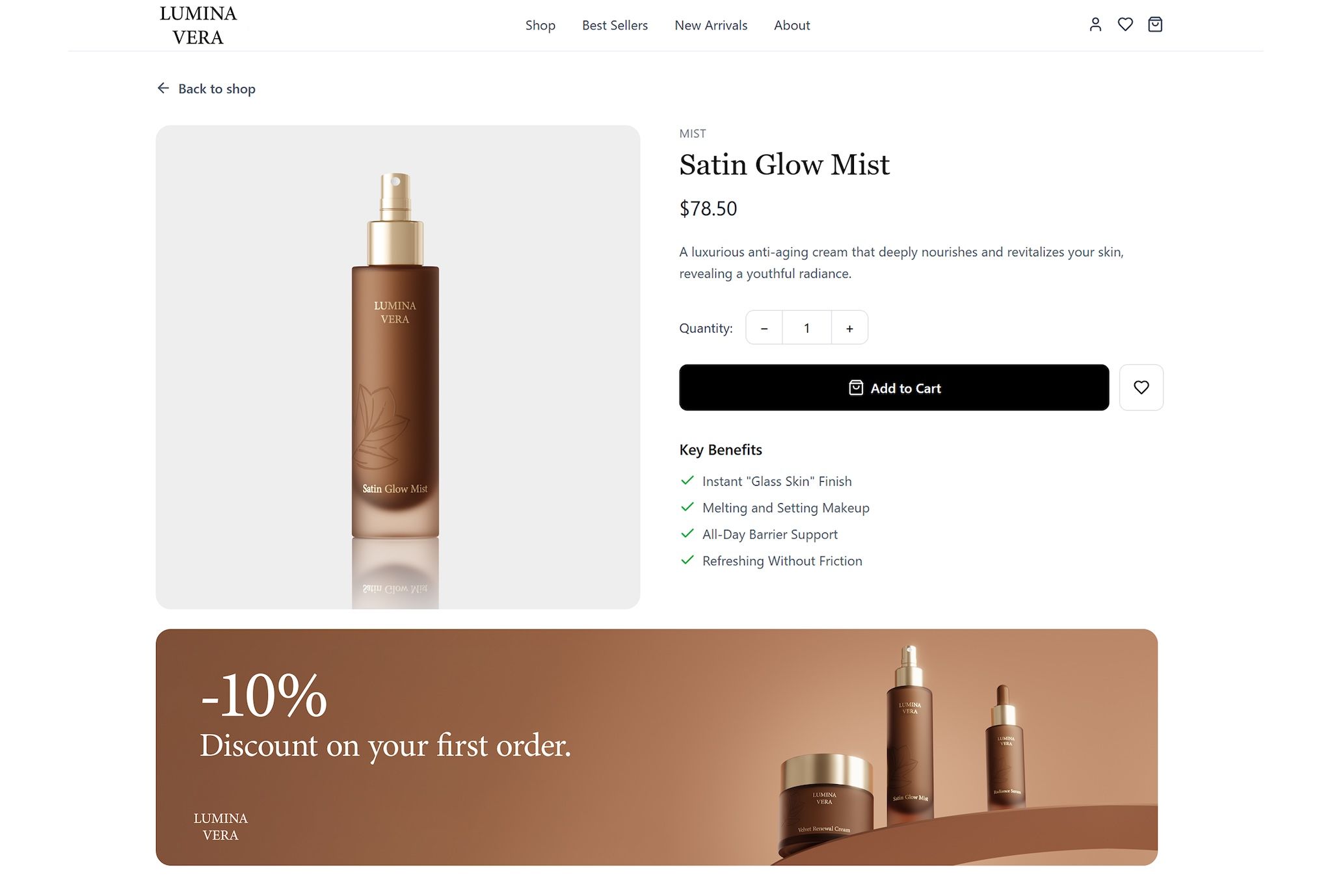 Online shop product page for a glow mist with rendered product images and discount banner, visuals by loomobox