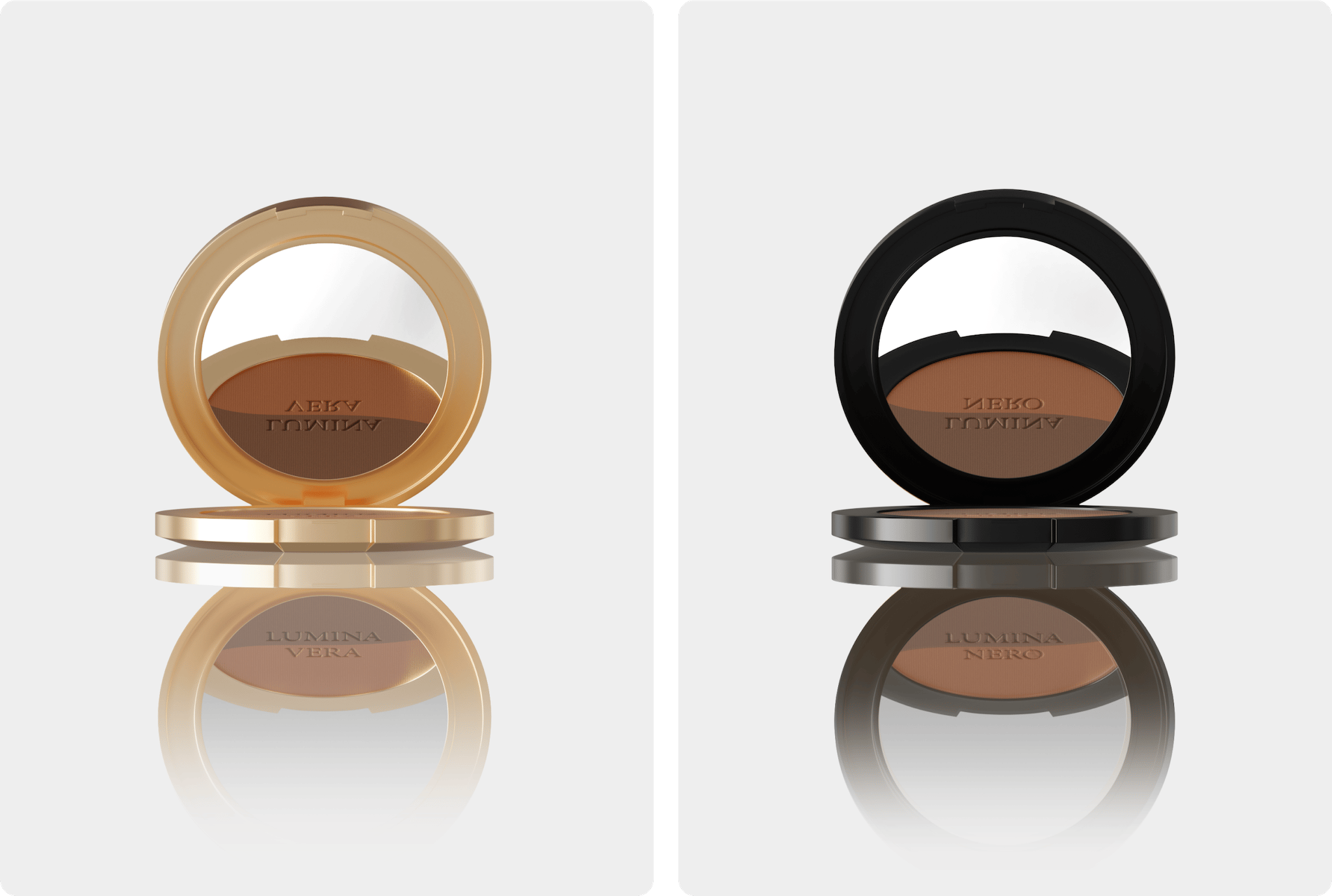 Two bronzer compacts in gold and black packaging variants, photorealistic cosmetics renders created with loomobox