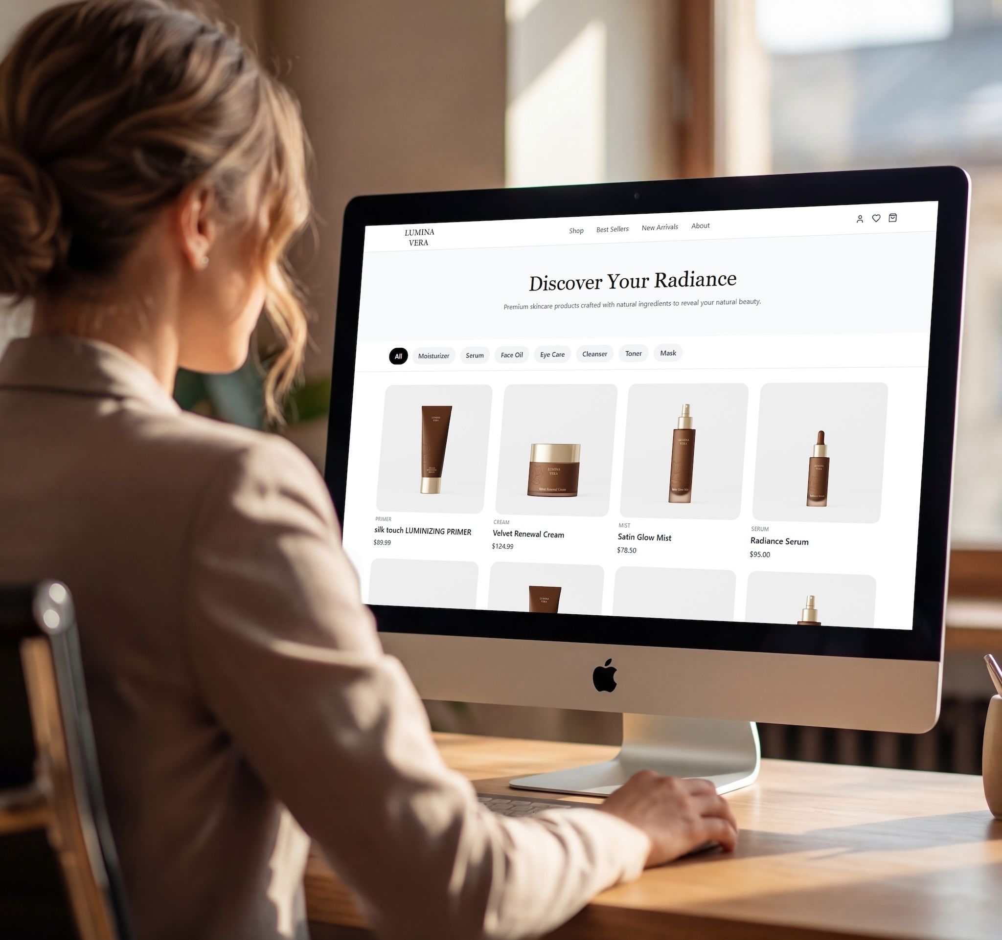 Woman browsing a skincare online shop on an iMac, e-commerce product images rendered with loomobox