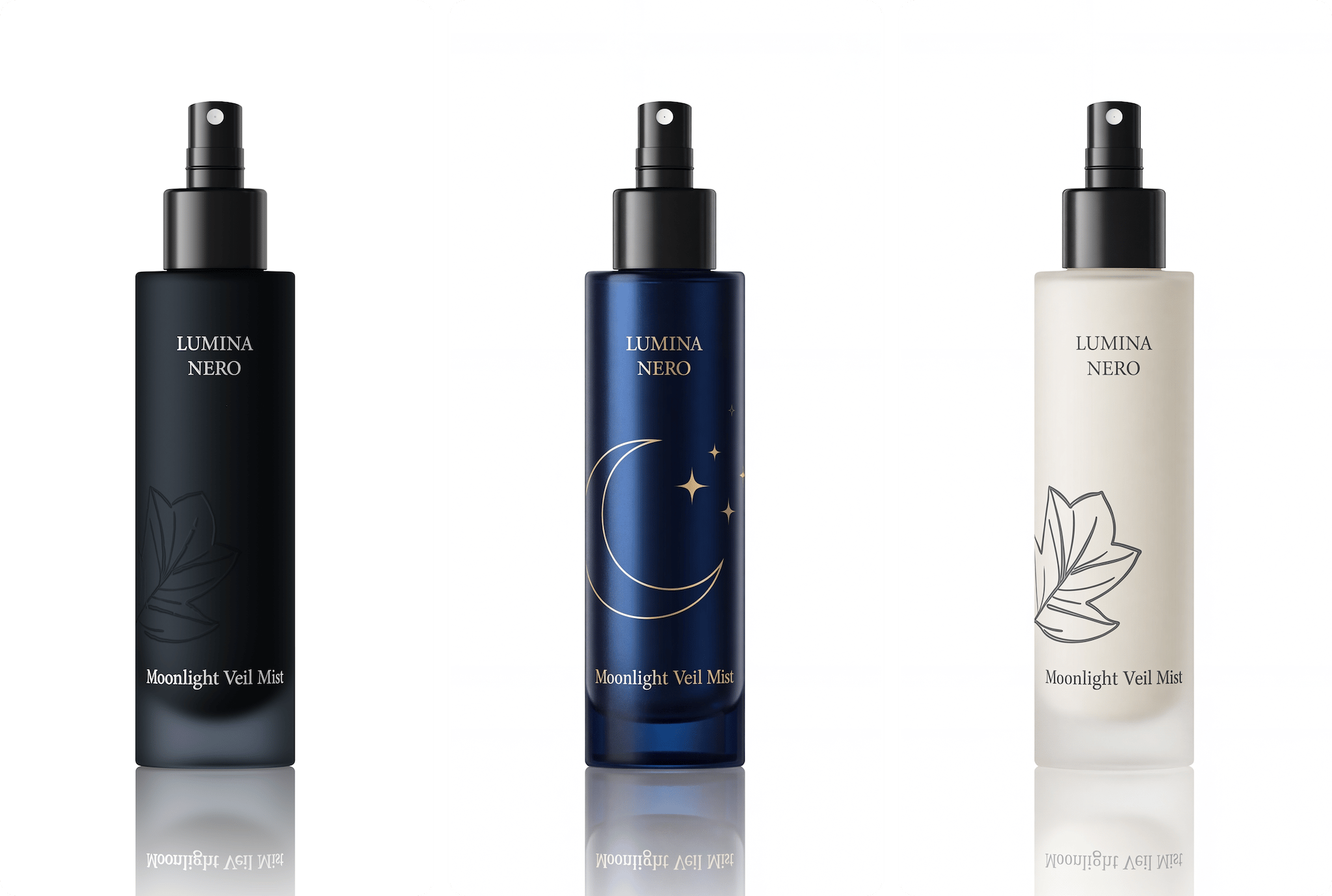 Three packaging design variants of a face mist in black, blue and white, pre-launch 3D renders by loomobox