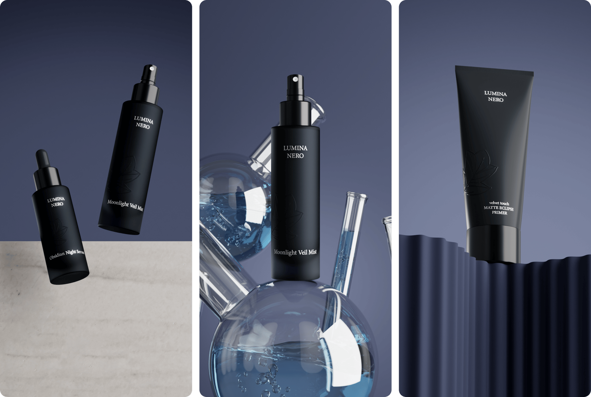 Dramatic studio scenes of dark cosmetics with floating bottles and glass flasks, AI-enhanced renders by loomobox