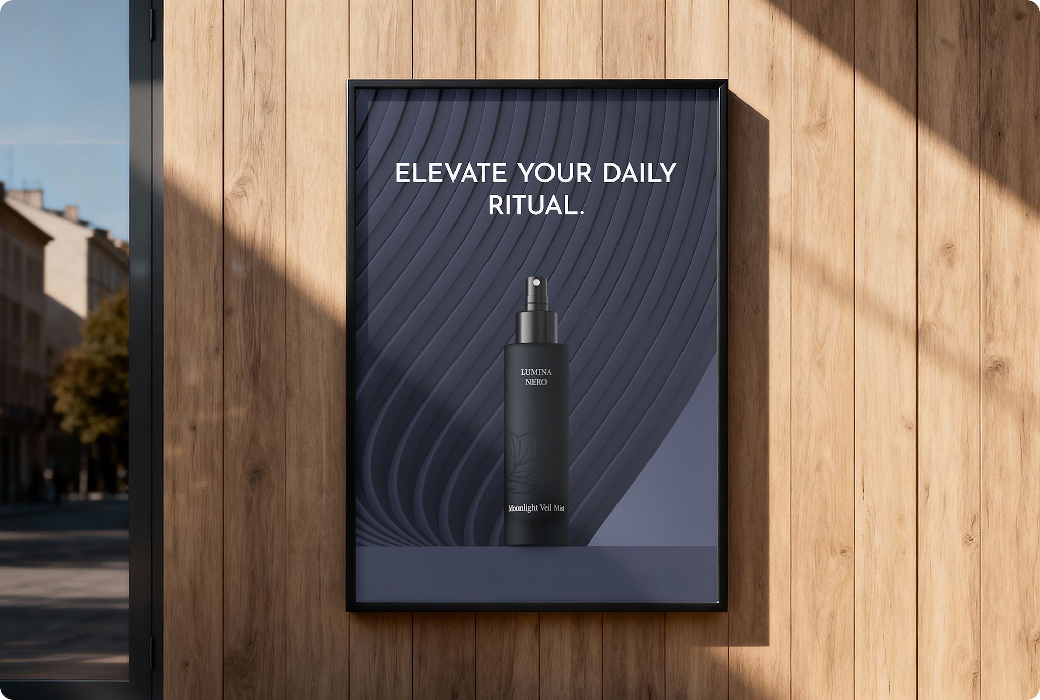 Framed outdoor poster on a wooden facade showing a black cosmetic spray bottle, ad visual created with loomobox