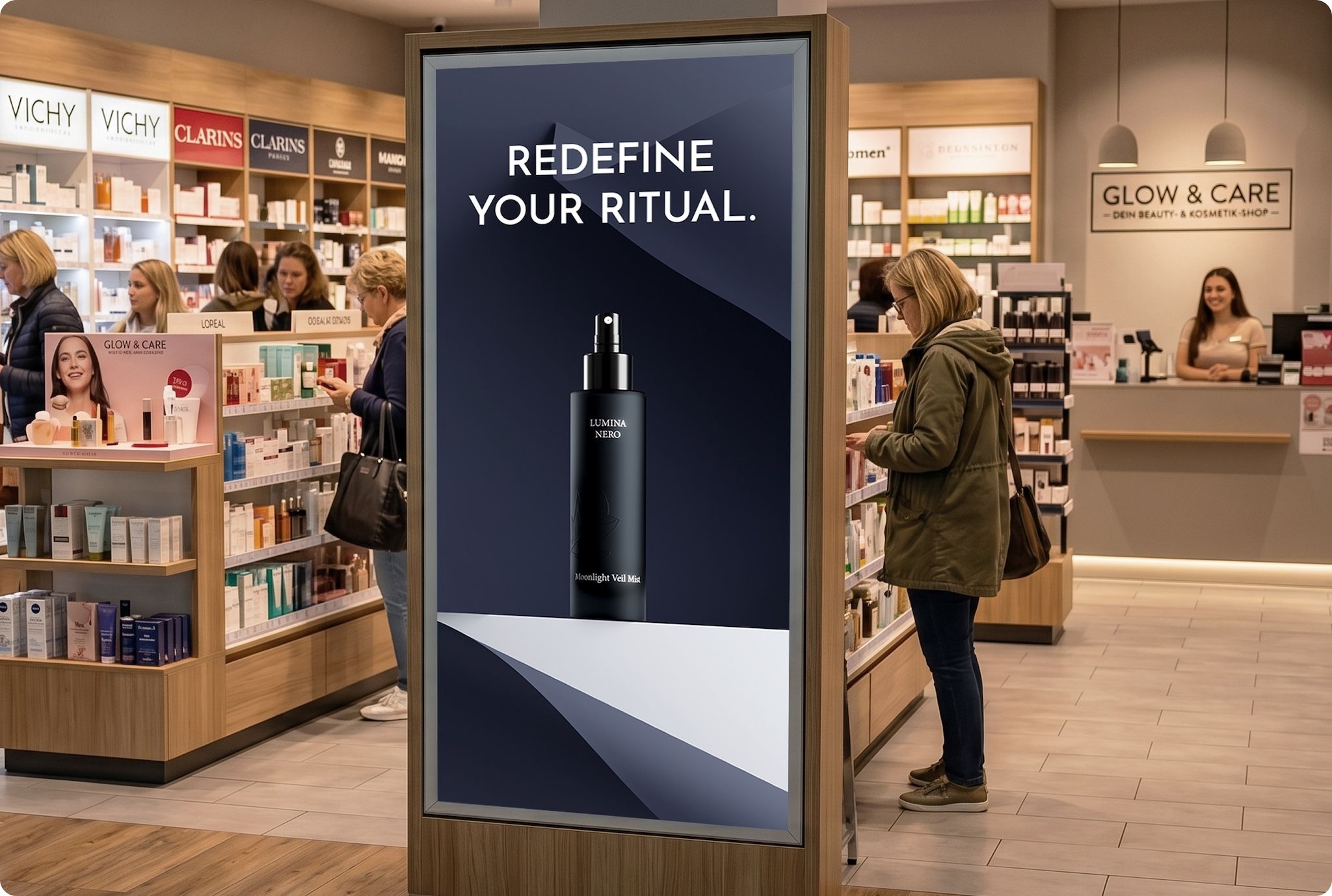 Digital point-of-sale display in a beauty store showing a dark skincare bottle ad rendered with loomobox