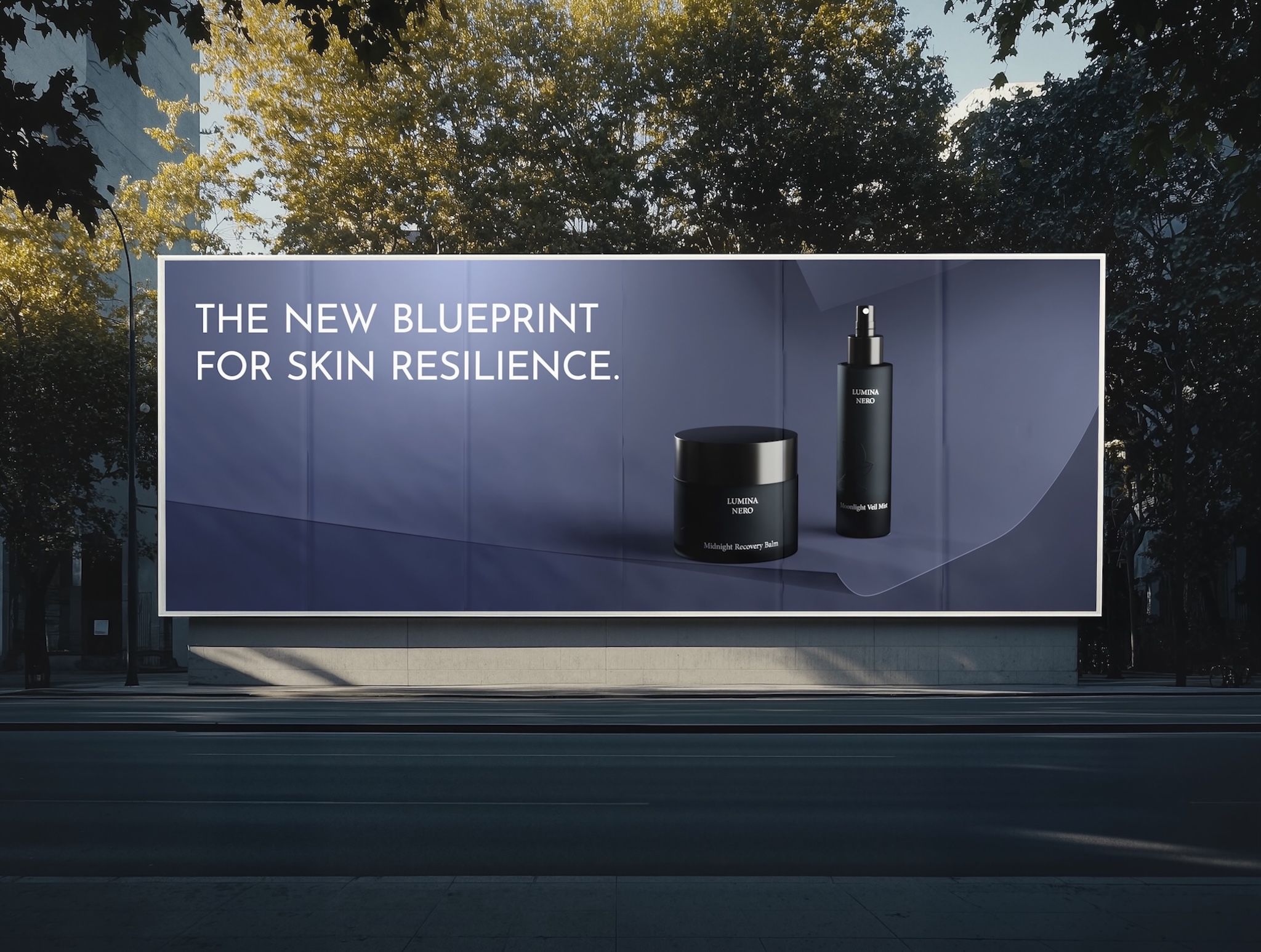 Large street billboard advertising two black skincare products, campaign visual generated with loomobox