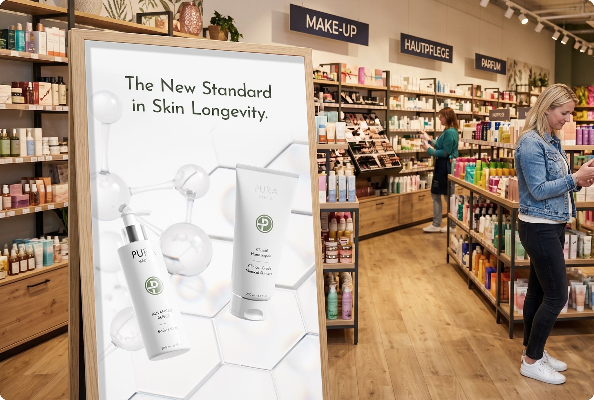 In-store launch poster for skincare in a drugstore aisle, point-of-sale visual created with loomobox