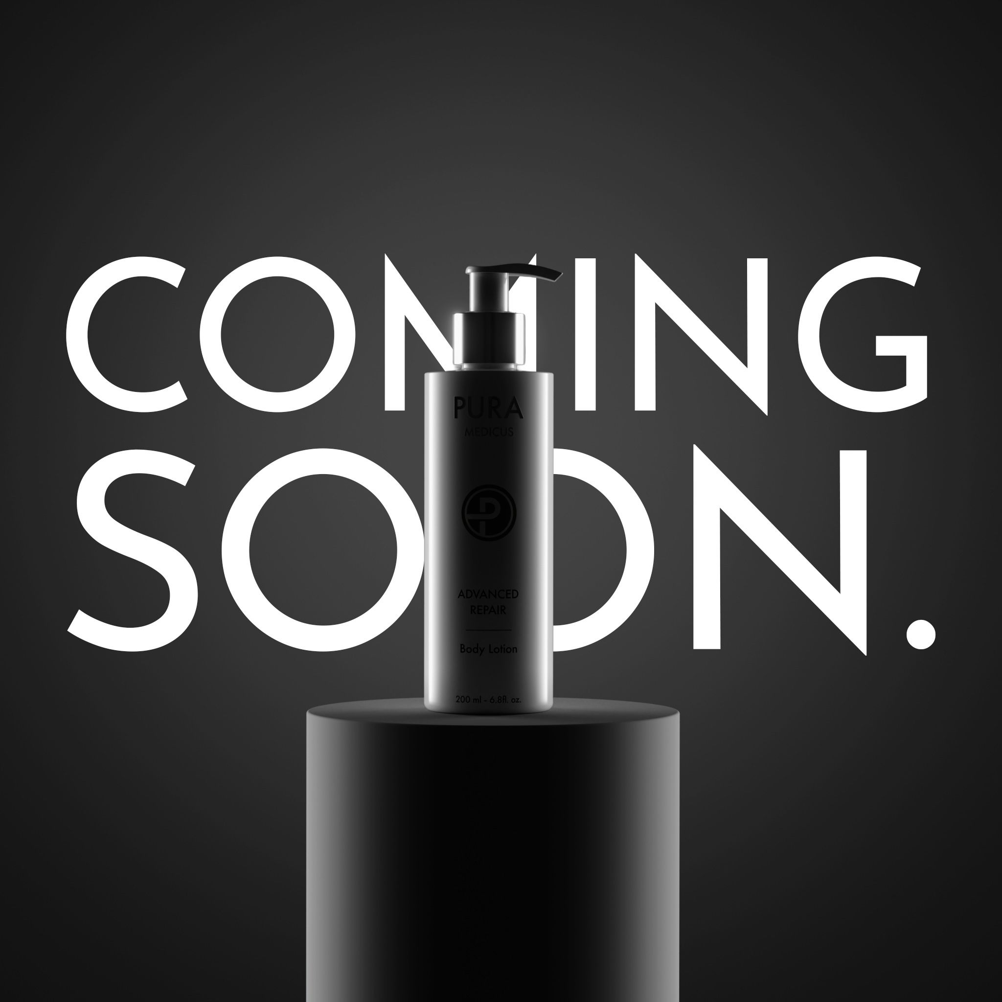 Coming-soon teaser with a body lotion pump bottle on a black podium, pre-launch visual rendered with loomobox