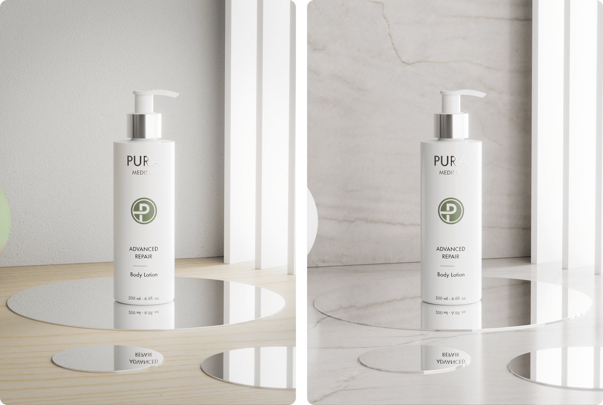White body lotion bottle staged in two scene variants with mirrors and marble, product photography from loomobox