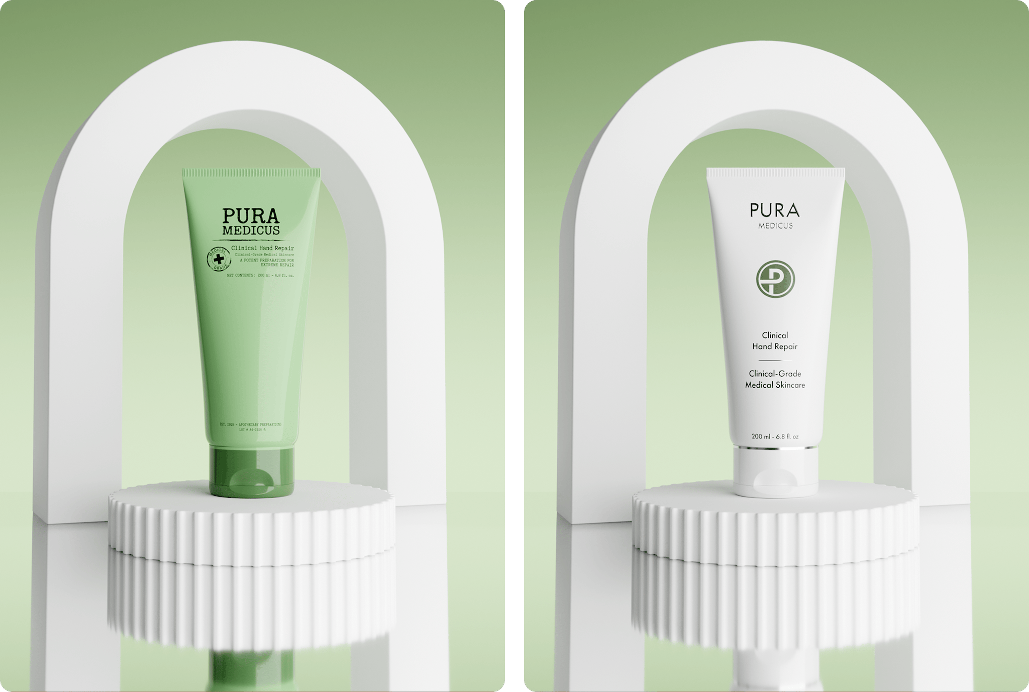 Old green and new white skincare tube side by side under white arches, rebranding renders created with loomobox