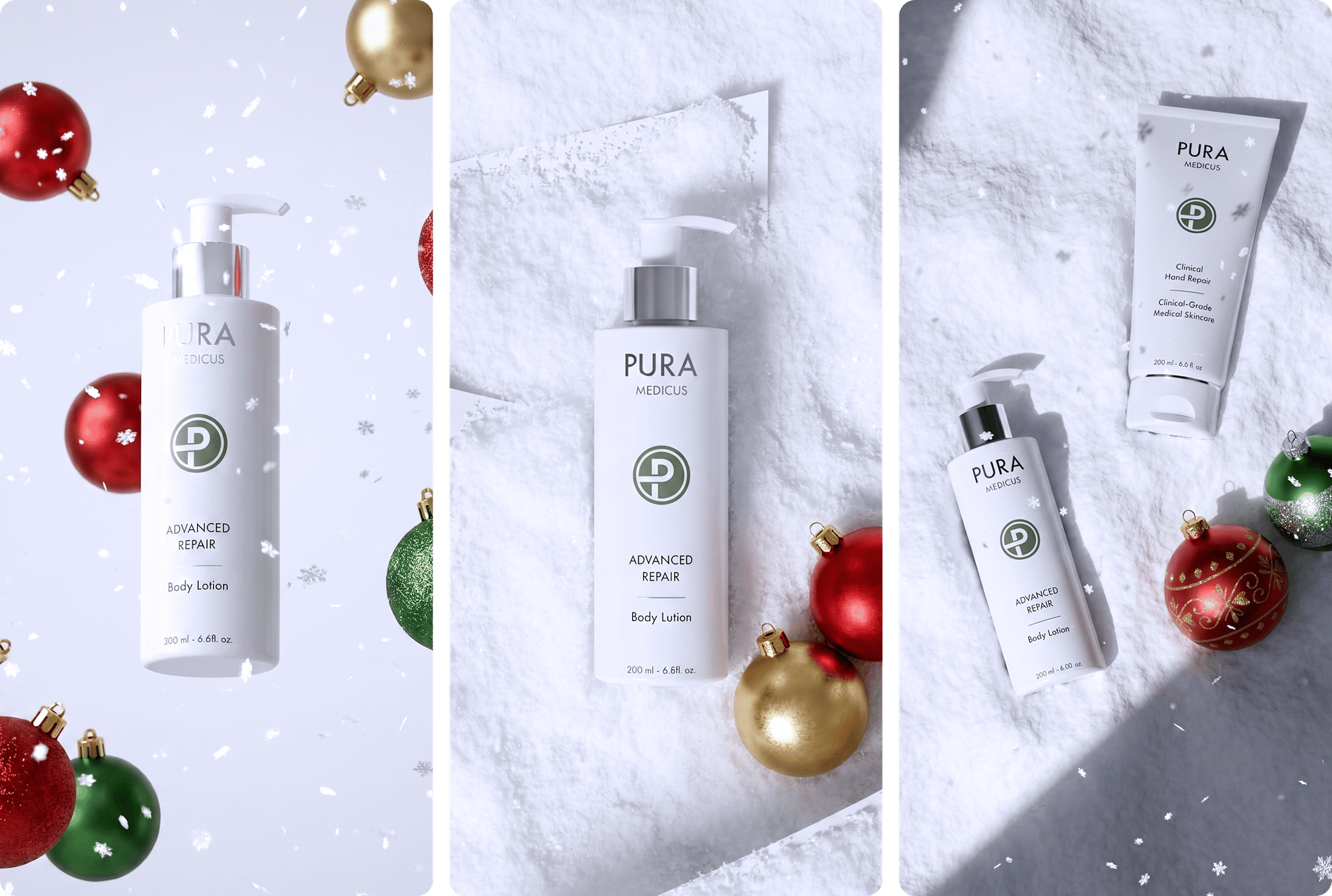 Christmas skincare visuals with body lotion among snow and baubles, holiday product photography rendered with loomobox