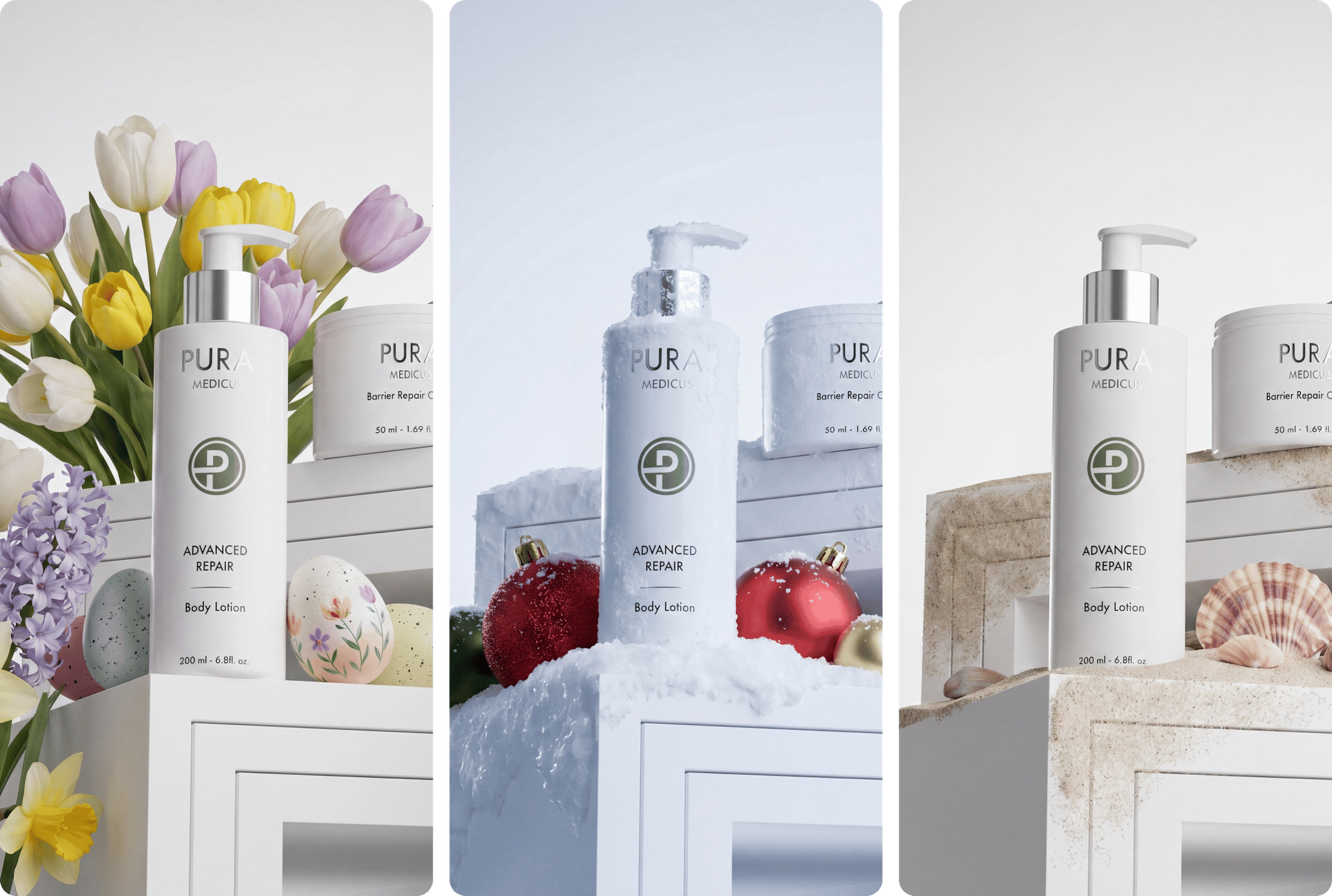 Same body lotion bottle in spring, Christmas and beach scenes, seasonal campaign images AI-generated with loomobox