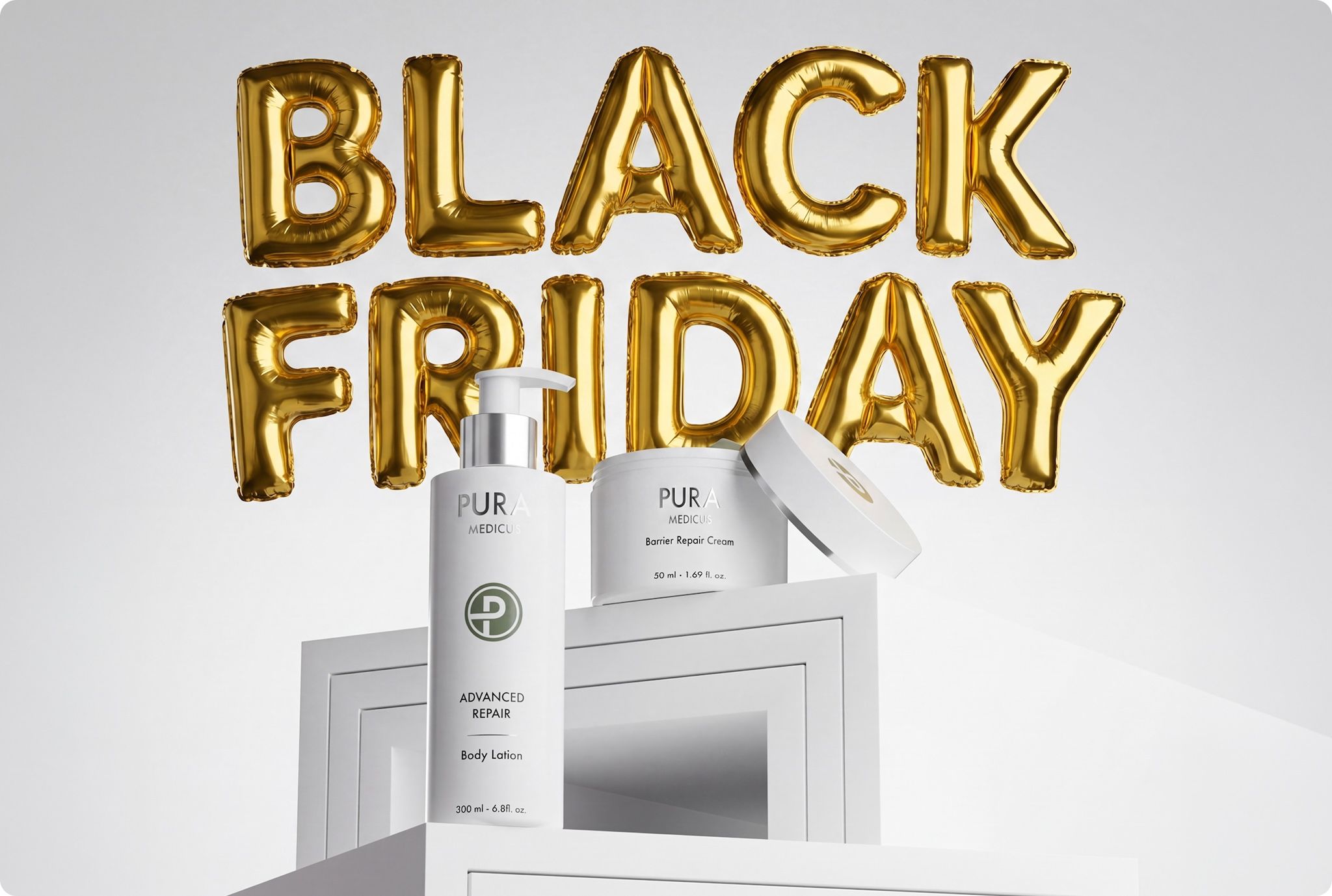 Black Friday sale visual with gold foil balloons above skincare lotion and cream jar, rendered with loomobox