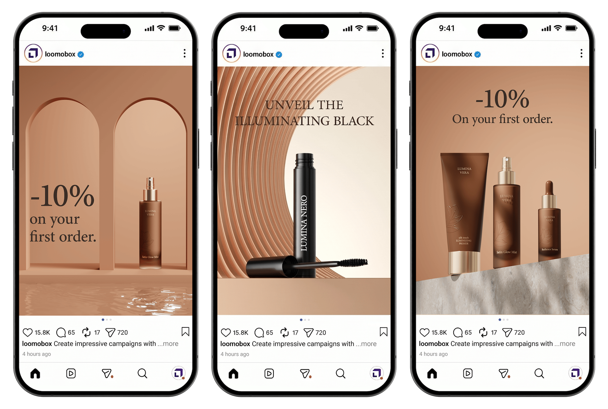 Three phones showing Instagram cosmetics ads with discount offers, social media visuals generated with loomobox