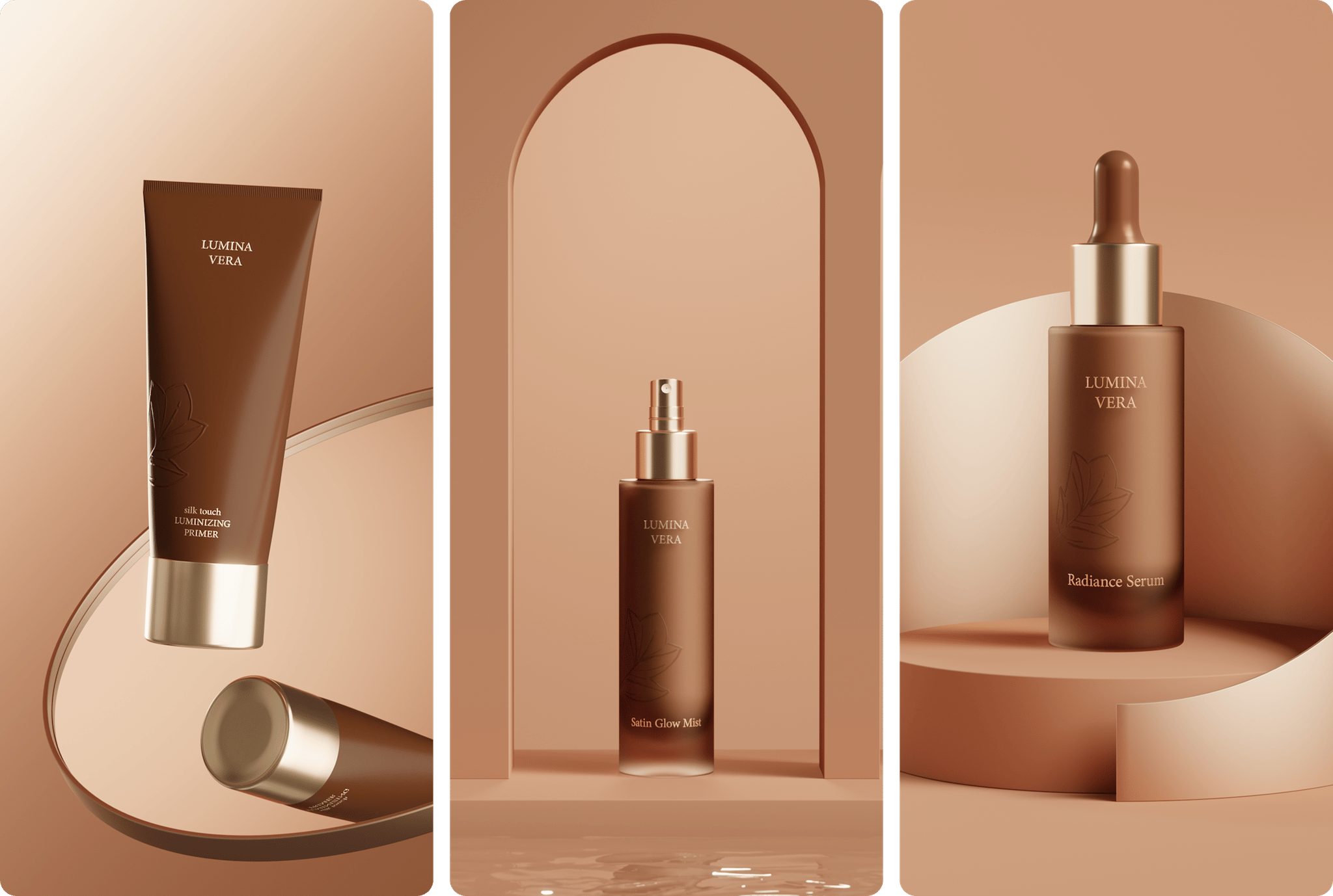 Bronze cosmetics line staged in three terracotta scenes with arches and mirrors, product photography from loomobox