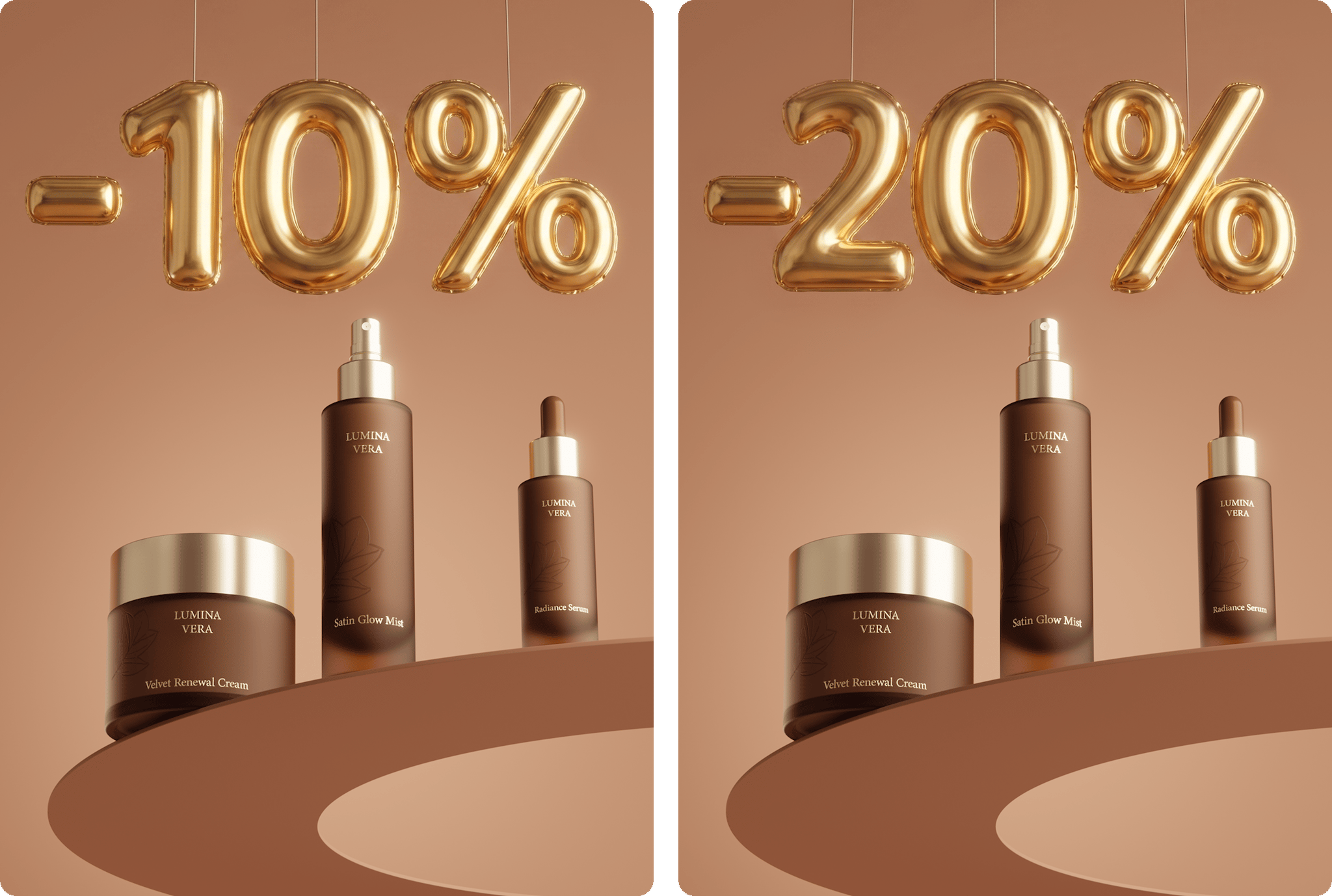 Skincare set under gold balloon numbers reading -10% and -20%, discount ad visuals rendered with loomobox